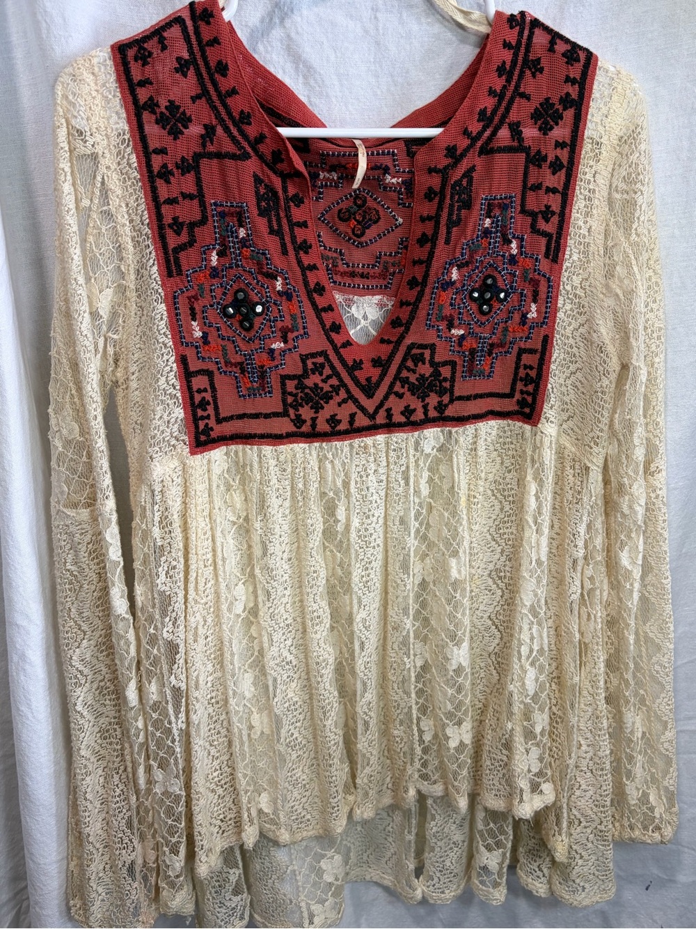 Free People Cream Lace Tunic with Coral Embroidered Yoke
